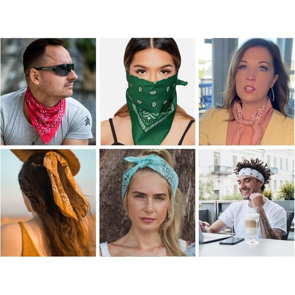 Women's Green Cotton Bandana Large Cowgirl Imported Handkerchief Headband Scarf - Picture 4 of 7